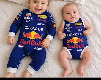 Personalized Red Bull Racing Baby Bodysuit, Custom F1 Driver Romper with Name and Flag, Formula 1 Infant Race Suit Birthday Gift