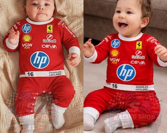 Kids Formula 1 Racing Jumpsuit or Rompers- F1 baby Outfit in Full Sleeves, Short Sleeves and Sleevless - Charles Leclerc Fan Edition