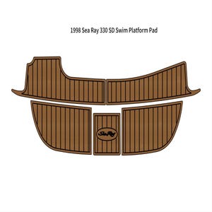 Puede incluir: Juego de almohadillas para plataforma de baño marrón para un barco Sea Ray 330 SD de 1998. La almohadilla tiene un aspecto de veta de madera con líneas negras y el logotipo de Sea Ray.