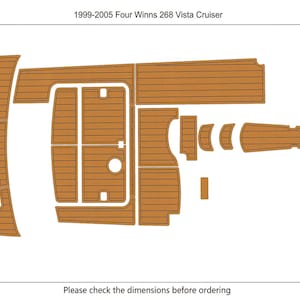 Puede incluir: Un diagrama de suelo de barco precortado para un Four Winns 268 Vista Cruiser de 1999-2005. El suelo es marrón con un patrón de vetas de madera. El área total es de 7,09 metros cuadrados. El texto en la parte inferior dice "Por favor, compruebe las dimensiones antes de realizar el pedido."