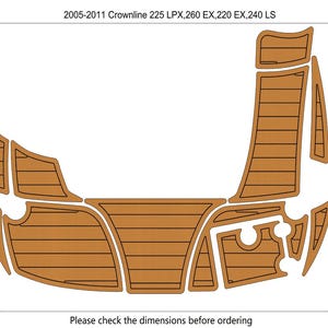 Puede incluir: Un diagrama de piezas de suelo de barco marrón con líneas negras, diseñado para los modelos Crownline 2005-2011. Se incluye el texto "Por favor, compruebe las dimensiones antes de realizar el pedido". El área total es de 2,17 m².