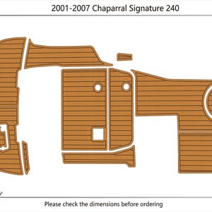 Puede incluir: Diagrama de un juego de alfombrillas para el suelo de un barco para un Chaparral Signature 240 de 2001-2007. Las alfombrillas son marrones con un diseño de vetas de madera. El área total es de 5,54 metros cuadrados. El texto de la imagen dice: "Por favor, compruebe las dimensiones antes de realizar el pedido."