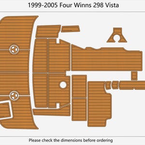 Puede incluir: Diagrama de un juego de alfombrillas para barco para un Four Winns 298 Vista de 1999-2005. Las alfombrillas son marrones con un patrón de vetas de madera. El área total es de 7,09 metros cuadrados. El texto en la imagen dice "Por favor, compruebe las dimensiones antes de realizar el pedido."