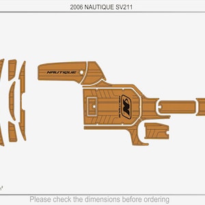 Puede incluir: Diagrama de un kit de suelo para barco para un Nautique SV211 de 2006. El kit es marrón con un patrón de vetas de madera e incluye varias piezas. El área total es de 5,6 metros cuadrados. El texto dice "NAUTIQUE" y "Por favor, compruebe las dimensiones antes de realizar el pedido."