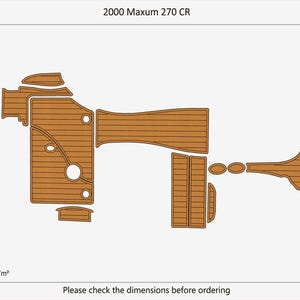 Puede incluir: Un diagrama del suelo de la cubierta de un barco, con varios recortes de tablones de madera marrón. El texto "2000 Maxum 270 CR" está en la parte superior. El área total es de 7,47 metros cuadrados. El texto "Por favor, compruebe las dimensiones antes de realizar el pedido" está en la parte inferior.