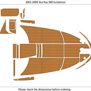 Puede incluir: Diagrama de cubierta de barco con patrón de vetas de madera. La imagen incluye el texto "2001-2009 Sea Ray 280 Sundancer" y "Área total: 8,59 m²". También está presente el texto "Por favor, compruebe las dimensiones antes de realizar el pedido".