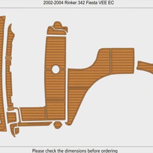 Puede incluir: Un diagrama de piezas de suelo de barco marrones con un patrón de vetas de madera. El texto "2002-2004 Rinker 342 Fiesta VEE EC" está en la parte superior. El texto "Total area: 10m²" y "Please check the dimensions before ordering" están en la parte inferior.