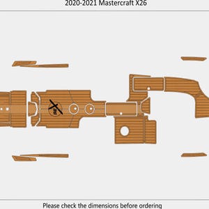 Puede incluir: Diagrama detallado de un kit de suelo para barco Mastercraft X26 2020-2021. El kit consta de múltiples piezas marrones con textura de madera, con un área total de 8,00 m². El texto "X86" es visible en una de las piezas. También es visible el texto "Por favor, compruebe las dimensiones antes de realizar el pedido".