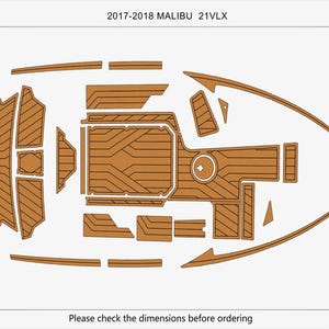 Puede incluir: Vista superior del interior de un barco, con un patrón marrón de vetas de madera. El diseño se compone de varias formas recortadas, incluido el contorno del barco y los componentes interiores. El texto en la parte superior dice "2017-2018 MALIBU 21VLX". El área total es de 6,35 m².