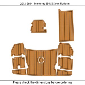 Puede incluir: Diagrama de una plataforma de baño para barcos, con múltiples piezas marrones con vetas de madera. El texto en la parte superior dice "2013-2014 Monterey 234 SS Swim Platform". El área total es de 2,15 metros cuadrados. El texto en la parte inferior dice "Por favor, compruebe las dimensiones antes de realizar el pedido."