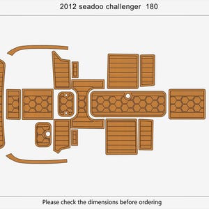 Puede incluir: Diagrama de un juego de alfombrillas para barco para un Sea-Doo Challenger 180 de 2012. Las alfombrillas son de varias formas y tamaños, en tonos marrones, con un patrón de panal y rayas. El área total es de 4,1 m².