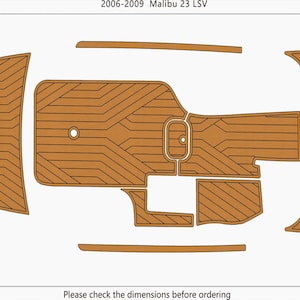 Puede incluir: Un conjunto de piezas de suelo de barco marrón con líneas negras, diseñado para un Malibu 23 LSV de 2006-2009. El área total es de 7,09 metros cuadrados. Se incluye el texto "Please check the dimensions before ordering".