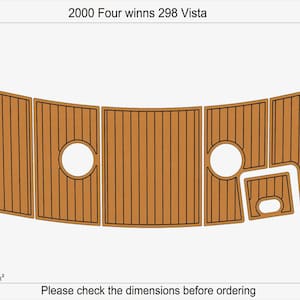 Puede incluir: Diagrama de cubierta de barco con paneles de madera con vetas verticales y líneas negras. Los paneles tienen varias formas, con dos recortes circulares. El texto superior dice "2000 Four winns 298 Vista". Área total: 2,66 m².