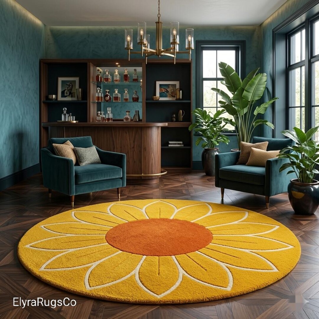 Sunflower Round Rug Yellow Floral Carpet Soft Cotton Wool Blend Living ...