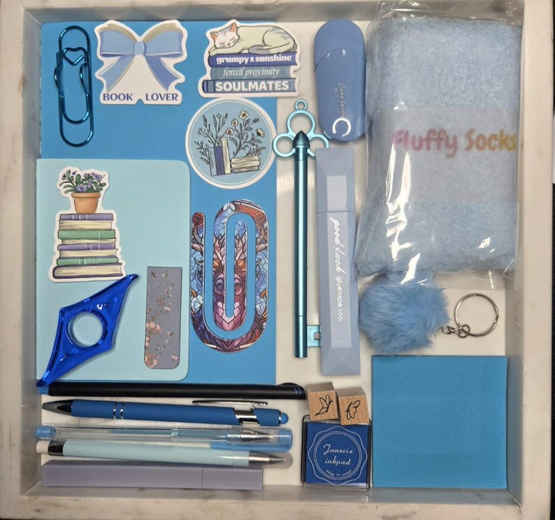 Puede incluir: Una colecci&oacute;n de art&iacute;culos de papeler&iacute;a y accesorios azules, que incluyen bol&iacute;grafos, un clip, pegatinas, un marcap&aacute;ginas, un resaltador, un llavero con pomp&oacute;n y calcetines esponjosos. Los art&iacute;culos est&aacute;n dispuestos en una bandeja blanca, con el texto "BOOK LOVER" y "Fluffy Socks".