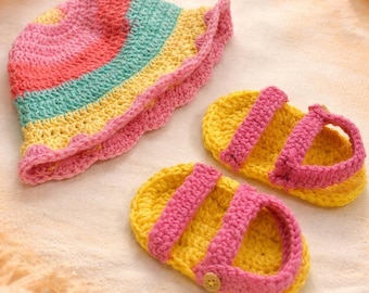 Zestaw czapeczki i sandałków dla dziecka robiony na szydełku | prezent na narodziny dziewczynki | baby shower | rękodzieło | letnie akcesoria dla noworodków