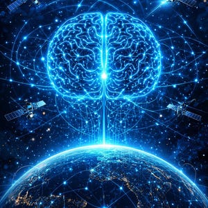 May include: A glowing blue digital brain illustration floating above a dark Earth at night, connected by light beams to four orbiting satellites in a starry space background, featuring intricate neural network patterns and global connectivity.