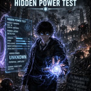 Peut inclure: Une illustration numérique d'un personnage aux cheveux sombres et aux yeux bleu brillant, émettant une énergie électrique bleue de la main. Une interface holographique affiche du texte dont HIDDEN POWER TEST et des statistiques sur fond de ville en ruine.