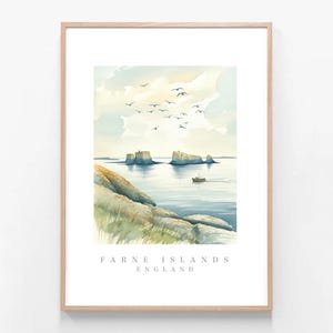 May include: A framed watercolour print depicting the Farne Islands in England. The scene features rocky coastal cliffs in the foreground, a calm blue sea with a small boat, distant rock formations, and a flock of birds in a pale sky. The text FARNE ISLANDS ENGLAND is printed at the bottom.