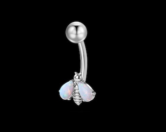 White Opal Bee Belly Button Piercing in Silver