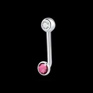 Può includere: Un piercing per ombelico curvo color argento. La sfera superiore presenta una gemma rotonda e trasparente, mentre la sfera inferiore ha una gemma rosa. L'asta curva collega le due sfere.