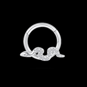 Può includere: Un anello per il naso color argento con un design a forma di serpente. Il serpente è adornato con piccole gemme trasparenti. L'anello è circolare con chiusura a cerniera, su sfondo nero.