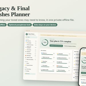 Puede incluir: Una interfaz digital de Legacy & Final Wishes Planner mostrada en una pantalla de ordenador y un smartphone. El panel muestra barras de progreso, categorías como About me, Key people, Medical and Care y el texto Your plan is 72% complete.