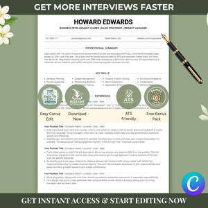May include: A resume template with the text "GET MORE INTERVIEWS FASTER" at the top. The resume includes the name "HOWARD EDWARDS" and key skills. There are icons that say "Easy Canva Edit", "Download Now", "ATS Friendly", and "Free Bonus Pack". A black and gold pen is in the image.