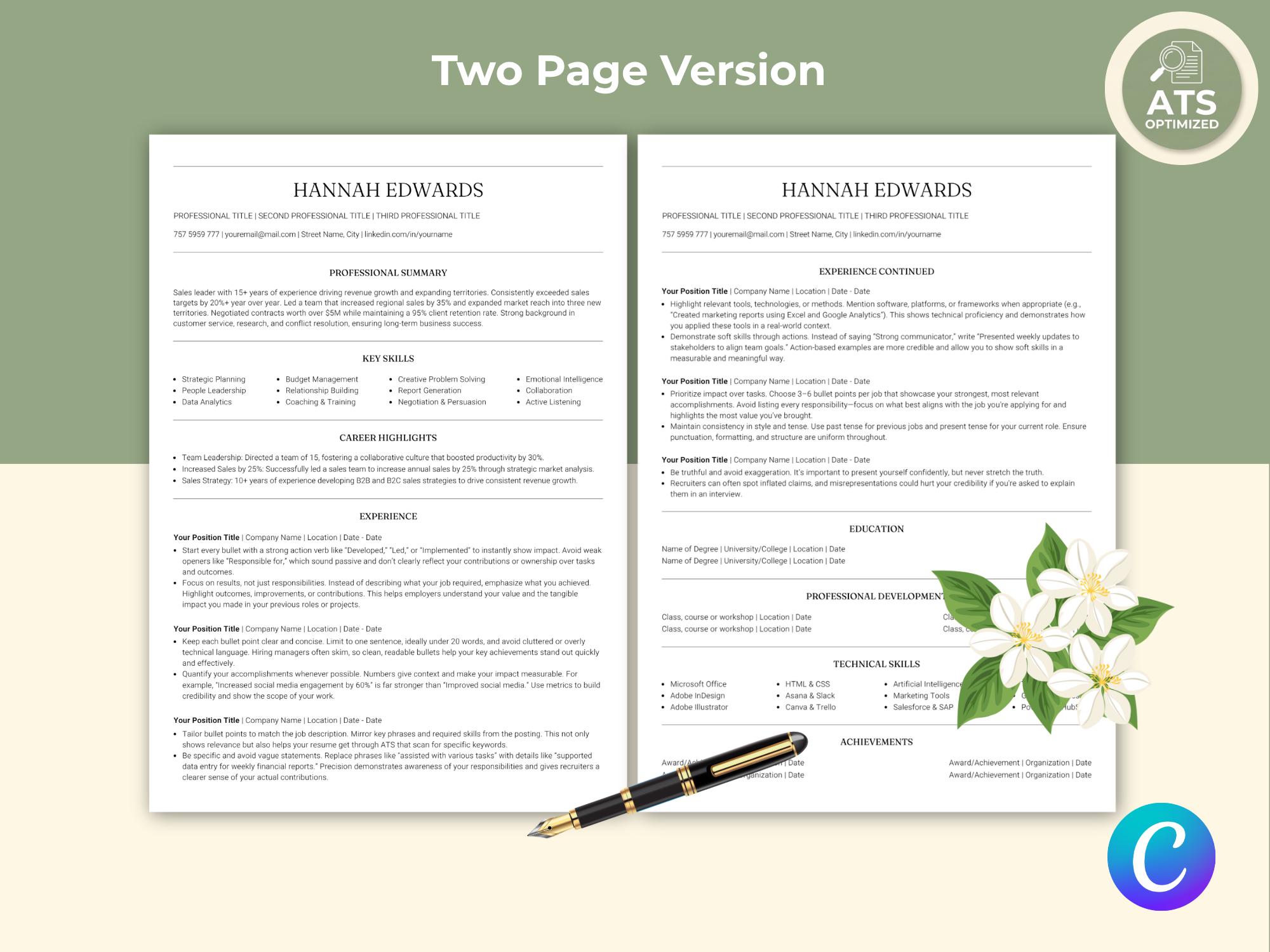 ATS Resume Template Canva Editable CV, Professional Modern Layout ...