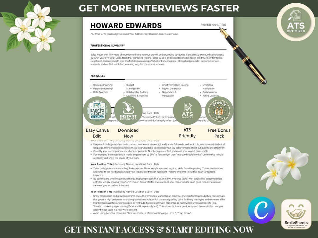 ATS Friendly Resume Template | Canva Editable Professional CV | Job ...