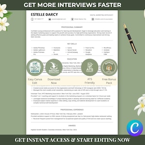 May include: A resume template with the text "Get More Interviews Faster" and "Estelle Darcy, Digital Marketing Enthusiast." Includes key skills, education, and professional experience. Features Canva and ATS-friendly icons, and a bonus pack.
