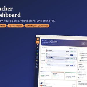 Teacher Dashboard Planner, Offline HTML Classroom Organizer, Lesson Timer, Task Board, Mastery Tracker