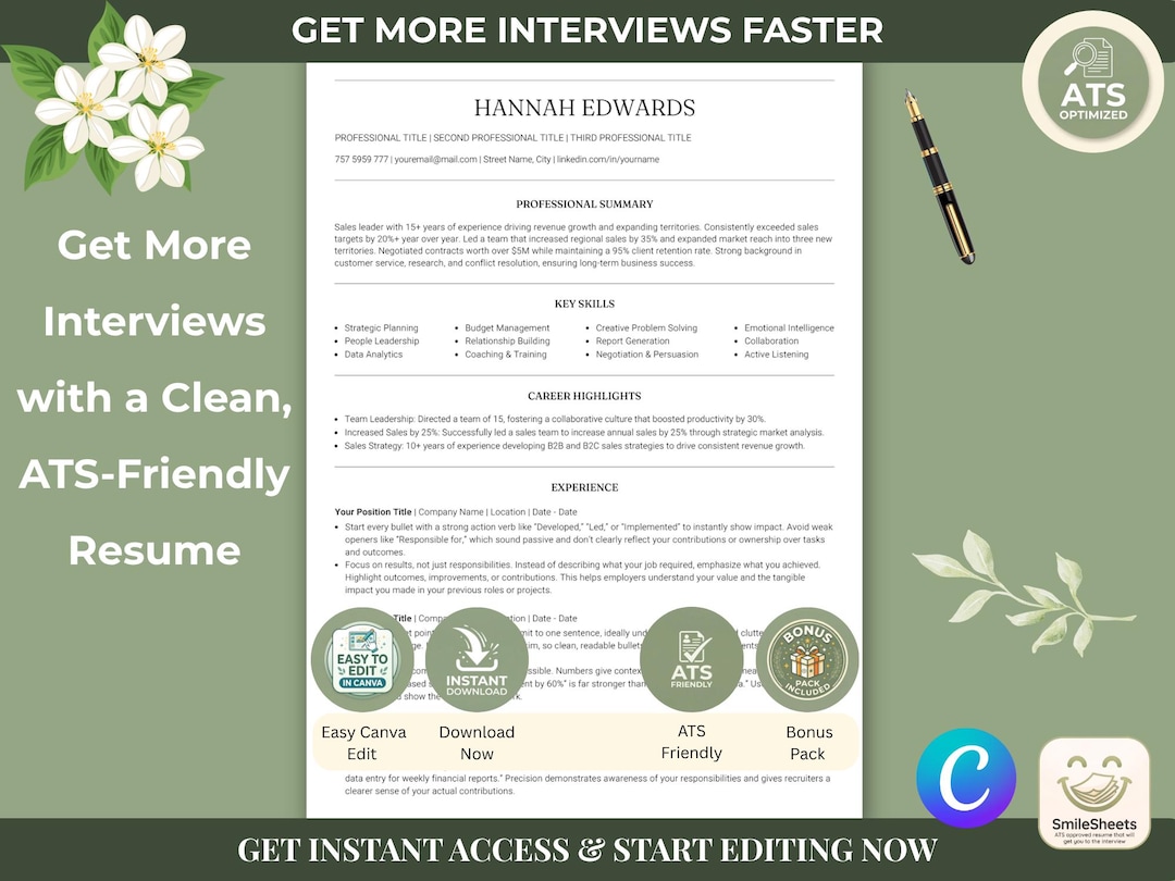 ATS Resume Template Canva Editable CV, Professional Modern Layout ...