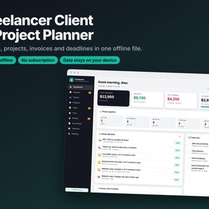 Może przedstawiać: Cyfrowy interfejs Freelancer Client & Project Planner wyświetlany na ekranie. Pulpit nawigacyjny pokazuje podsumowania finansowe, etapy procesu projektowego oraz listę zadań wymagających uwagi wraz z terminami.