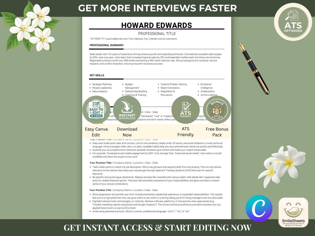 Editable Resume Template Canva | Modern CV Layout | ATS Friendly Job ...
