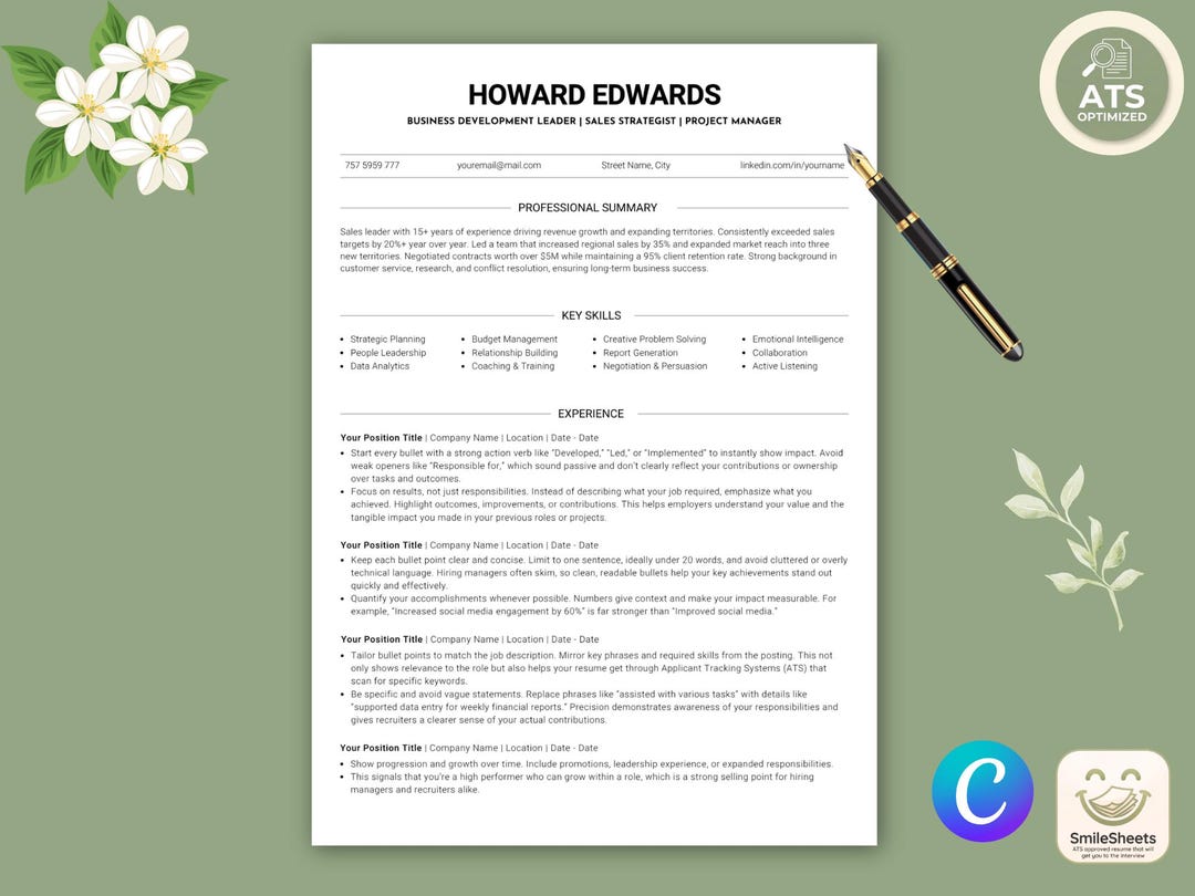 Minimalist ATS Resume Template | Canva Editable CV | Clean Professional ...