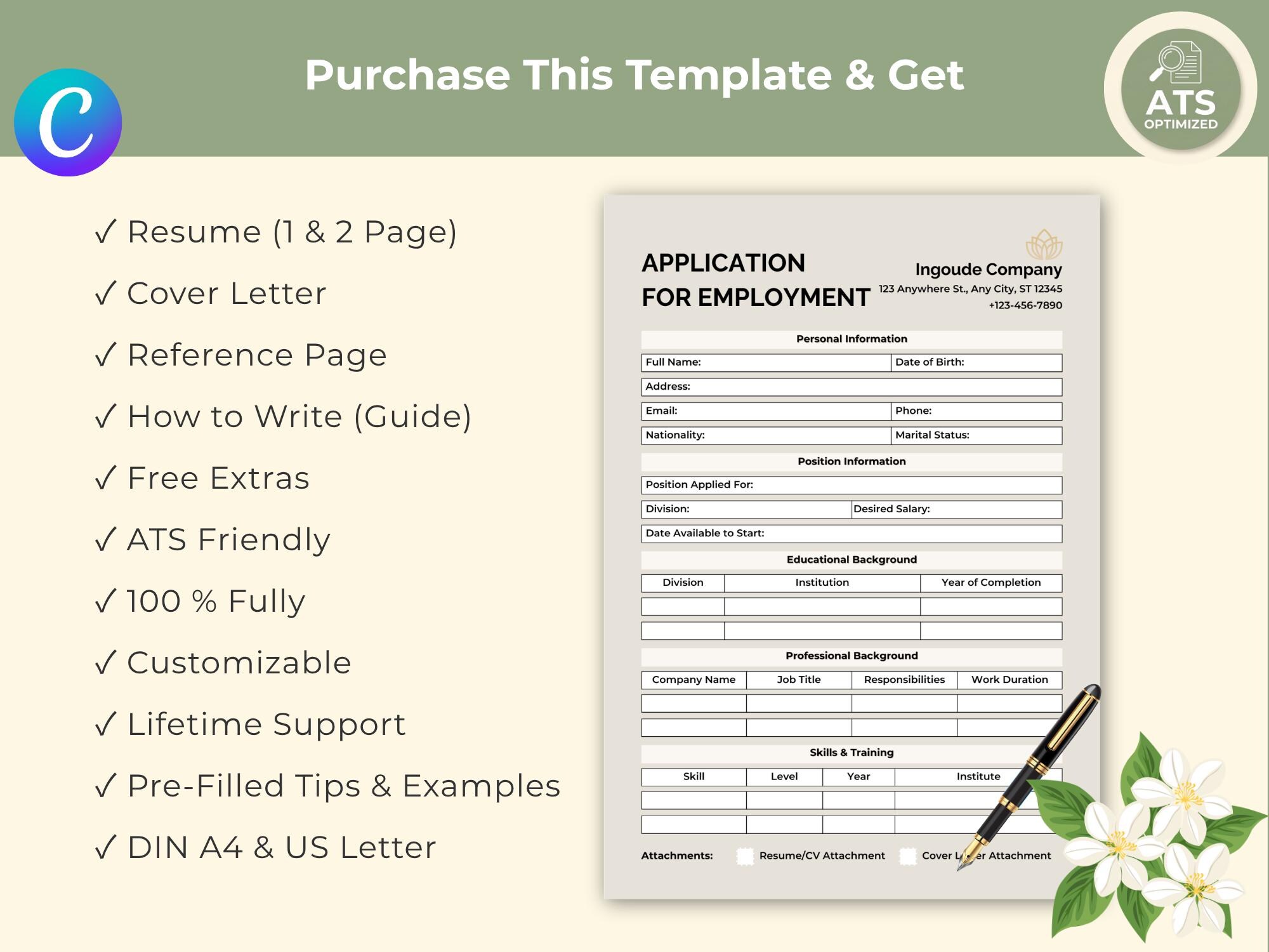 Work Job Application Template Editable Canva | Professional Employment ...