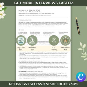 Może przedstawiać: Szablon CV z tekstem „Uzyskaj więcej rozmów kwalifikacyjnych szybciej”. Projekt zawiera przykładowe CV, kwiatowe akcenty i ikony do edycji w Canva, natychmiastowego pobierania i optymalizacji ATS. Widoczny jest również długopis.