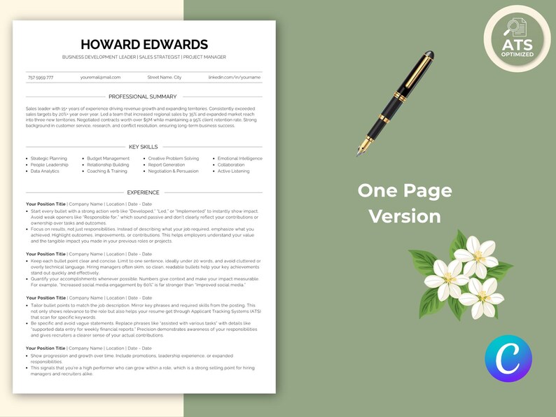 ATS Ready Resume Template | Canva Editable Professional CV | Clean Job ...