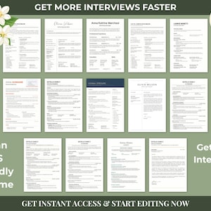 May include: A collection of resume templates with various layouts and designs, displayed on a green background. The image includes text that reads "Get More Interviews Faster" and "Clean ATS Friendly Resume". A pen and floral elements are also present.