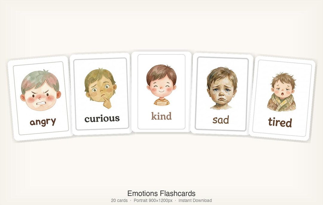 Montessori Emotions Flashcards for Kids | Watercolor Feelings Learning ...