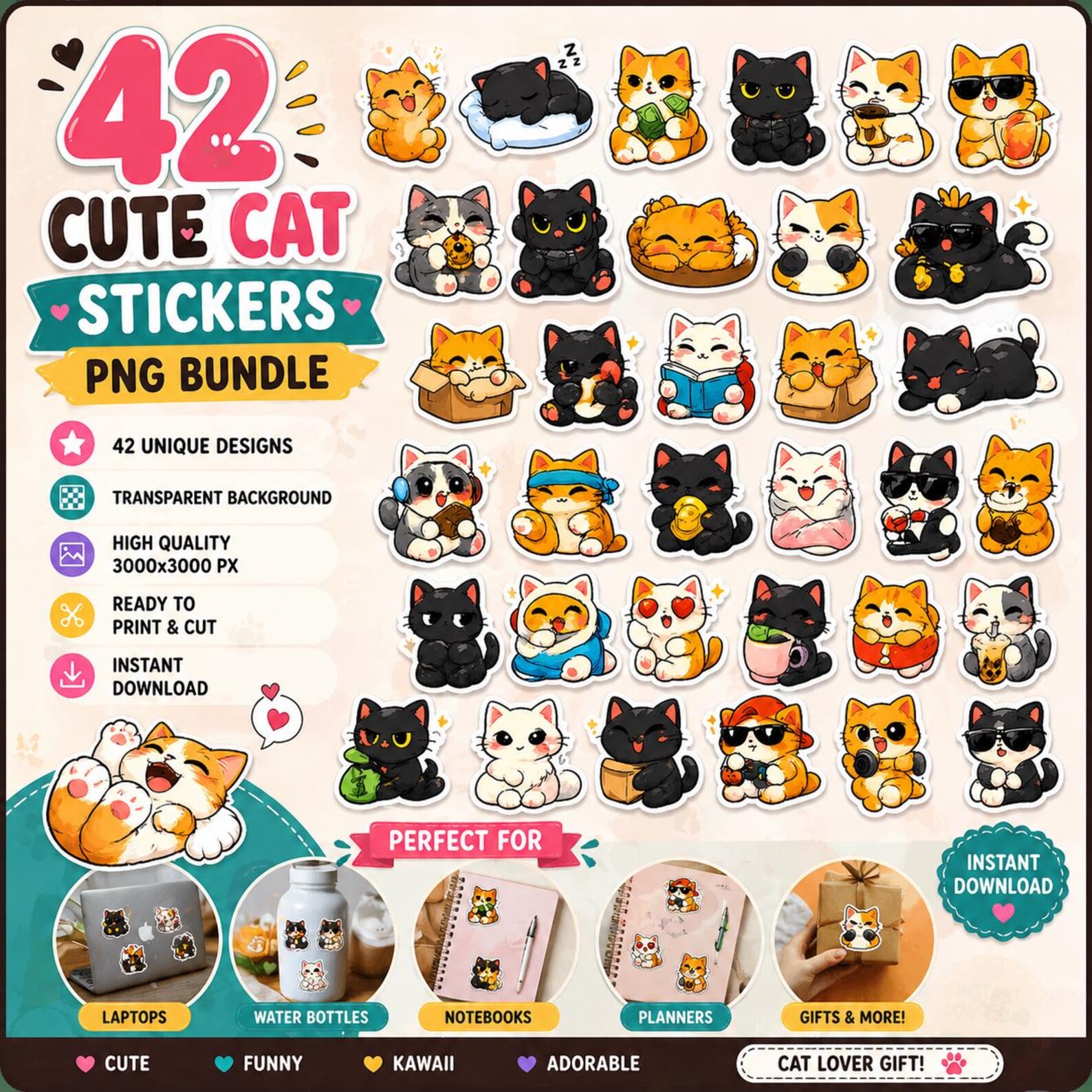 42 Cute Cat Stickers PNG Bundle, Kawaii Cat Sticker Pack, Funny Kitty ...