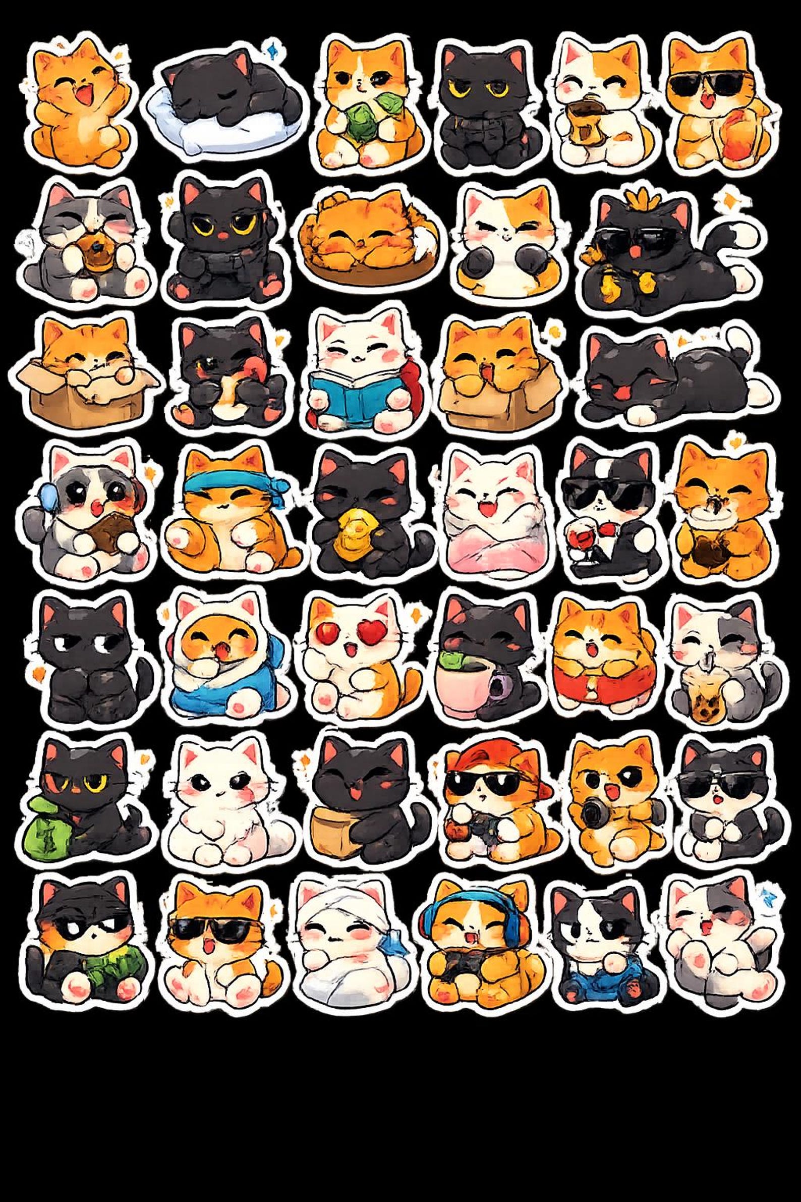 42 Cute Cat Stickers PNG Bundle, Kawaii Cat Sticker Pack, Funny Kitty ...