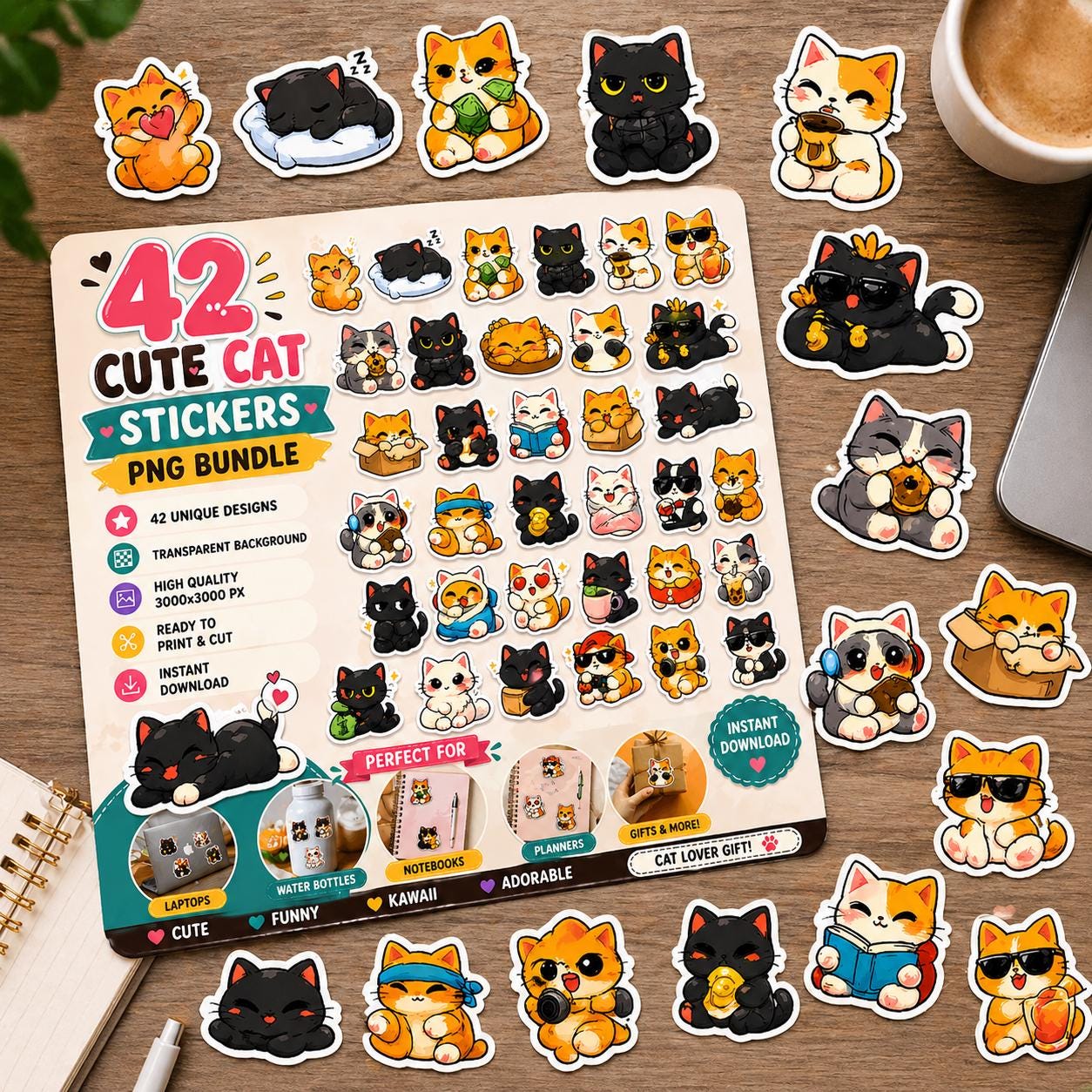 42 Cute Cat Stickers PNG Bundle, Kawaii Cat Sticker Pack, Funny Kitty ...