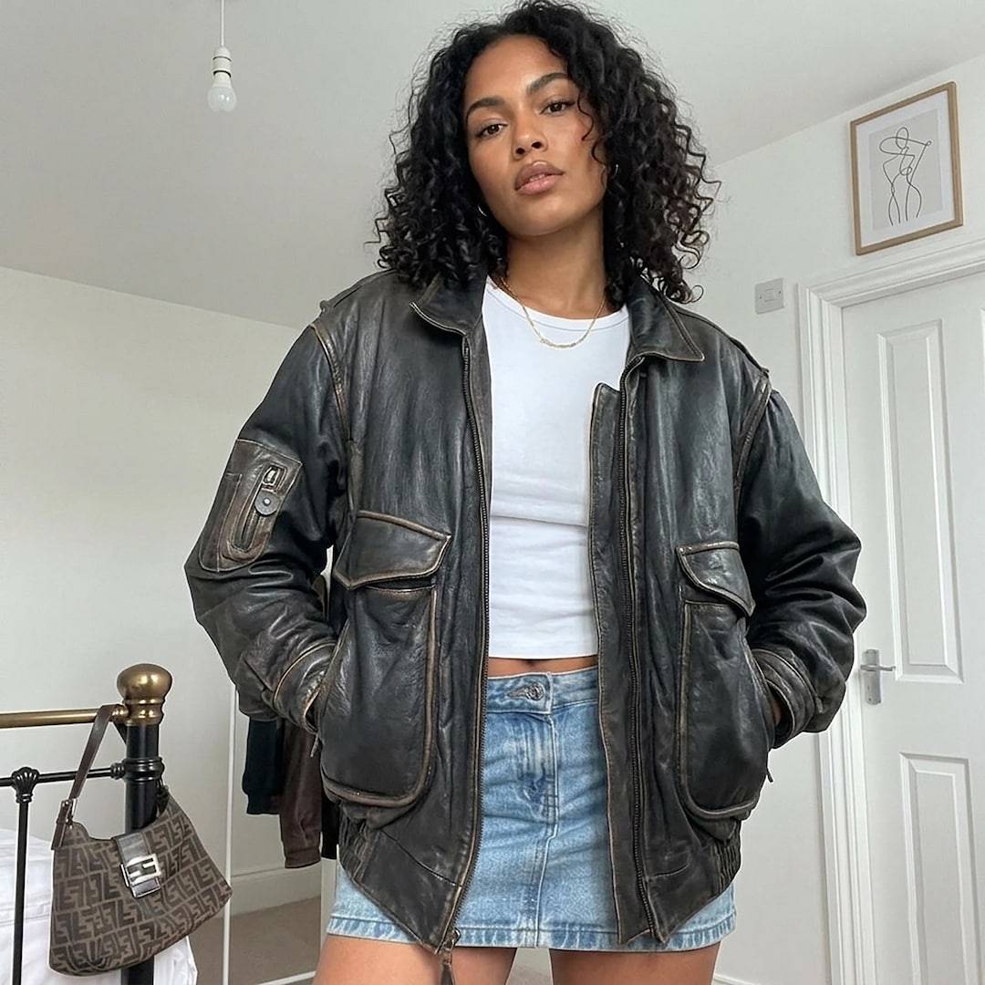 70's Oversized Black Real Leather Jacket for Ladies, Handmade