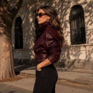 leather fashion jacket, fall leather jacket, leather outerwear women, red leather jacket, belted leather jacket, women’s leather blazer jacket, burgundy jacket, leather fashion jacket