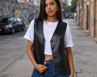 Gilet gotico da motociclista in vera pelle fatto a mano, gilet in pelle da donna con scollo a V, capospalla streetwear da donna, abbigliamento da festa da donna, regalo per la moglie