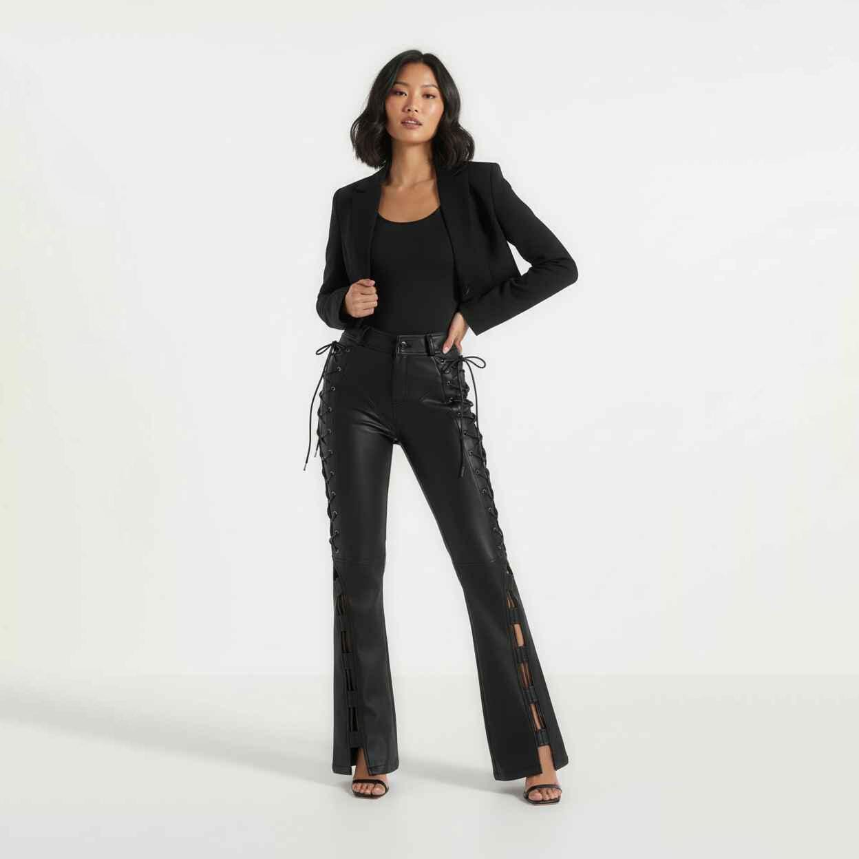 90s Women Biker Style High Wasted Laces Real Sheepskin Leather Pant Handmade Skinny Fit Trouser, Cafe Racer Fashion Outerwear Gift For Her