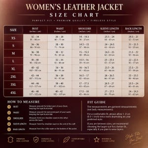 Burgundy leather jacket size chart showing XS through 4XL measurements for bust, waist, shoulder, sleeve length and back length. Helpful women’s jacket sizing, leather jacket size guide, leather coat size chart for choosing the right fit.
