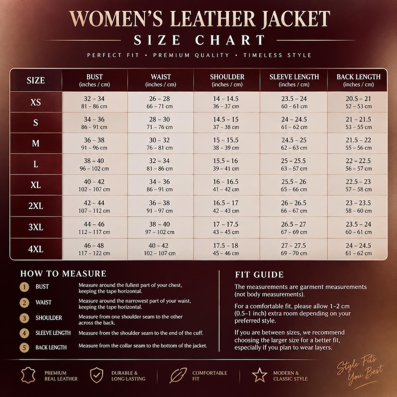 Burgundy leather jacket size chart showing XS through 4XL measurements for bust, waist, shoulder, sleeve length and back length. Helpful women’s jacket sizing, leather jacket size guide, leather coat size chart for choosing the right fit.